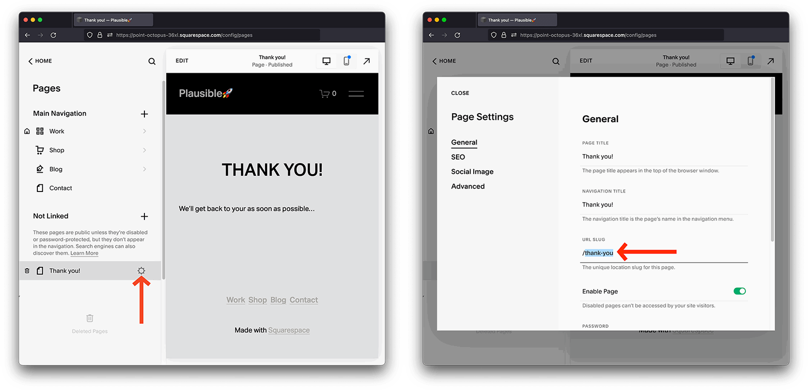 Squarespace form submission thank you page path