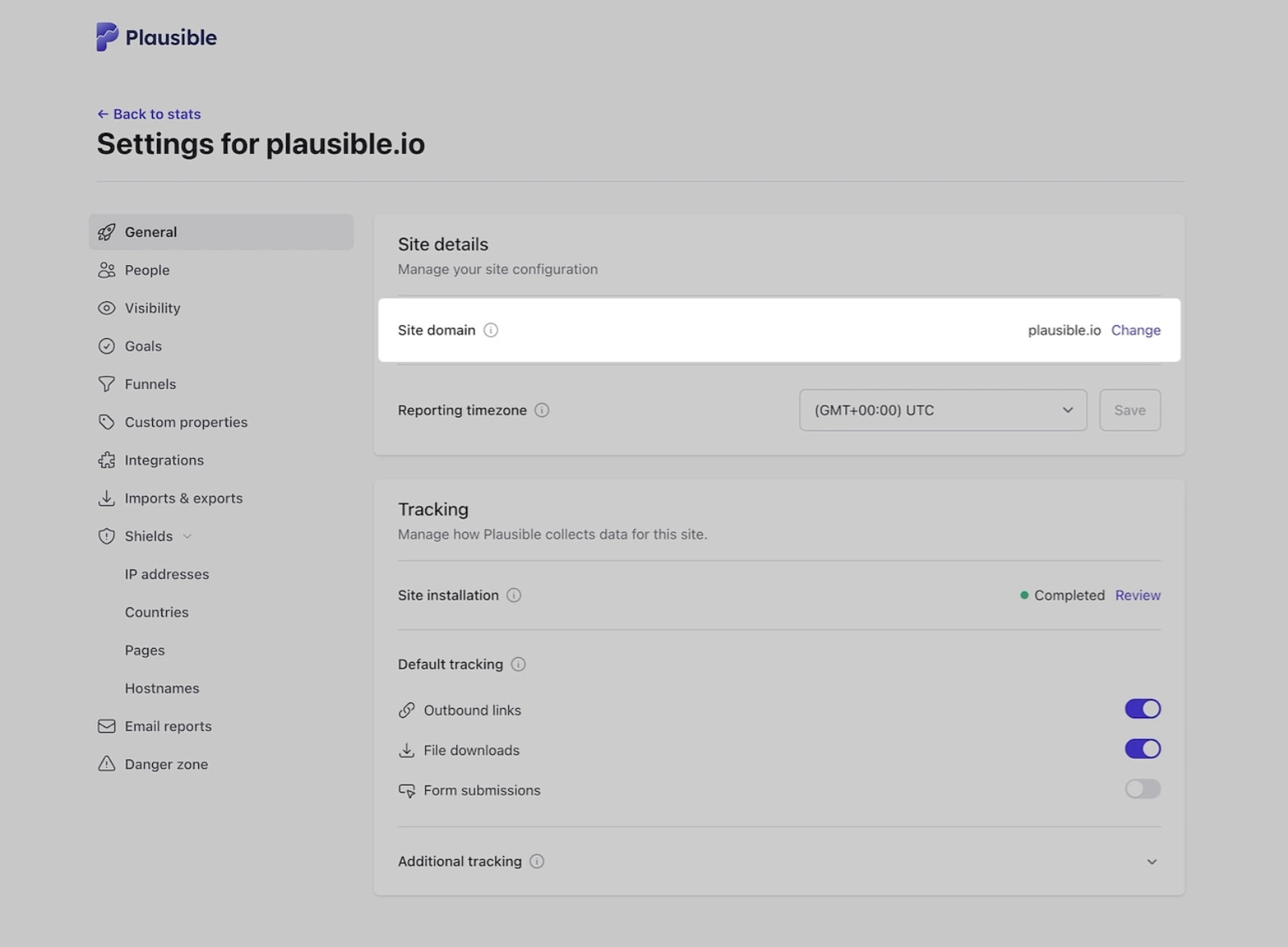 Change the site domain in Plausible site settings