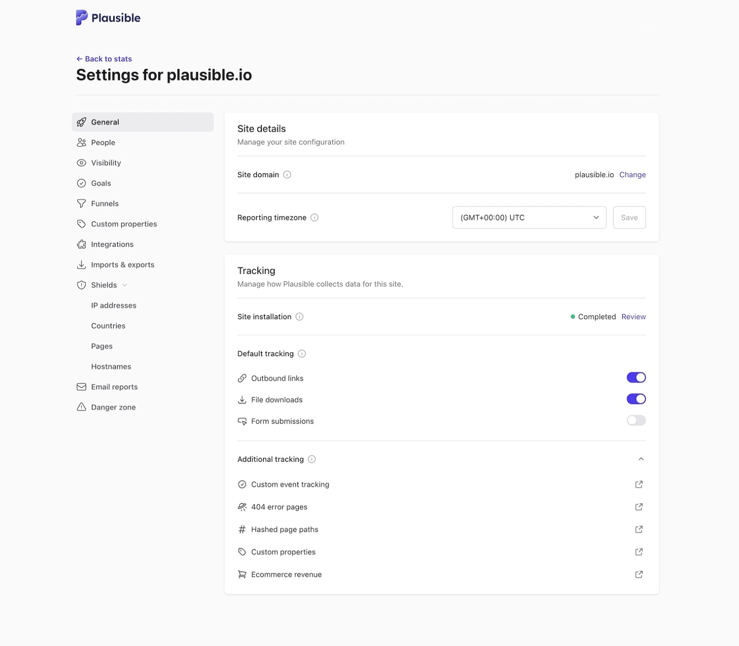 Manage default and additional tracking in Plausible site settings